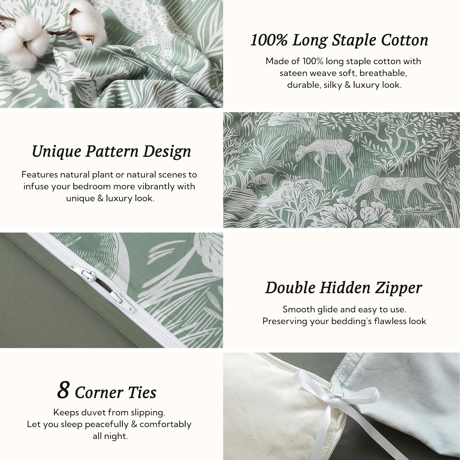 MILDLY King Size Duvet Cover Set 100% Long-Staple Cotton Luxury Green Floral Patten Reversible Comforter Cover Set 3Pcs