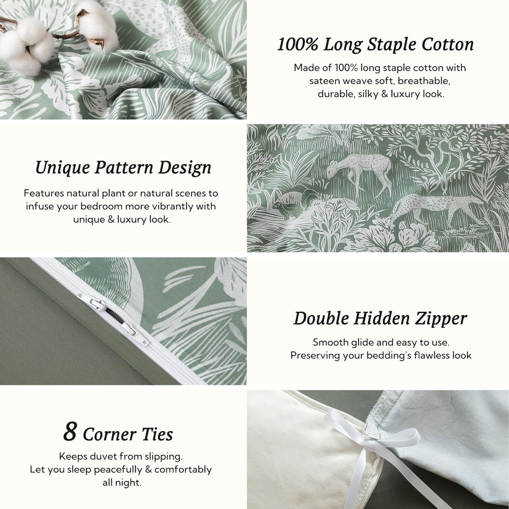 MILDLY Cal King Size Duvet Cover Set 100% Long-Staple Cotton Luxury Green Floral Patten Reversible Comforter Cover Set 3Pcs