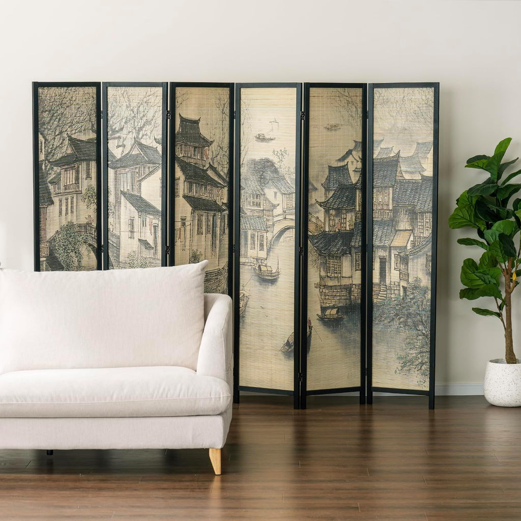 MyGift 6 Panel Room Divider Privacy Partition with Dual-Sided Vintage Asian Water Village Ink Brushed Print Design, 6FT Black Wood Framed Decorative Artwork Folding Screen 94.6''W x 68.9''H