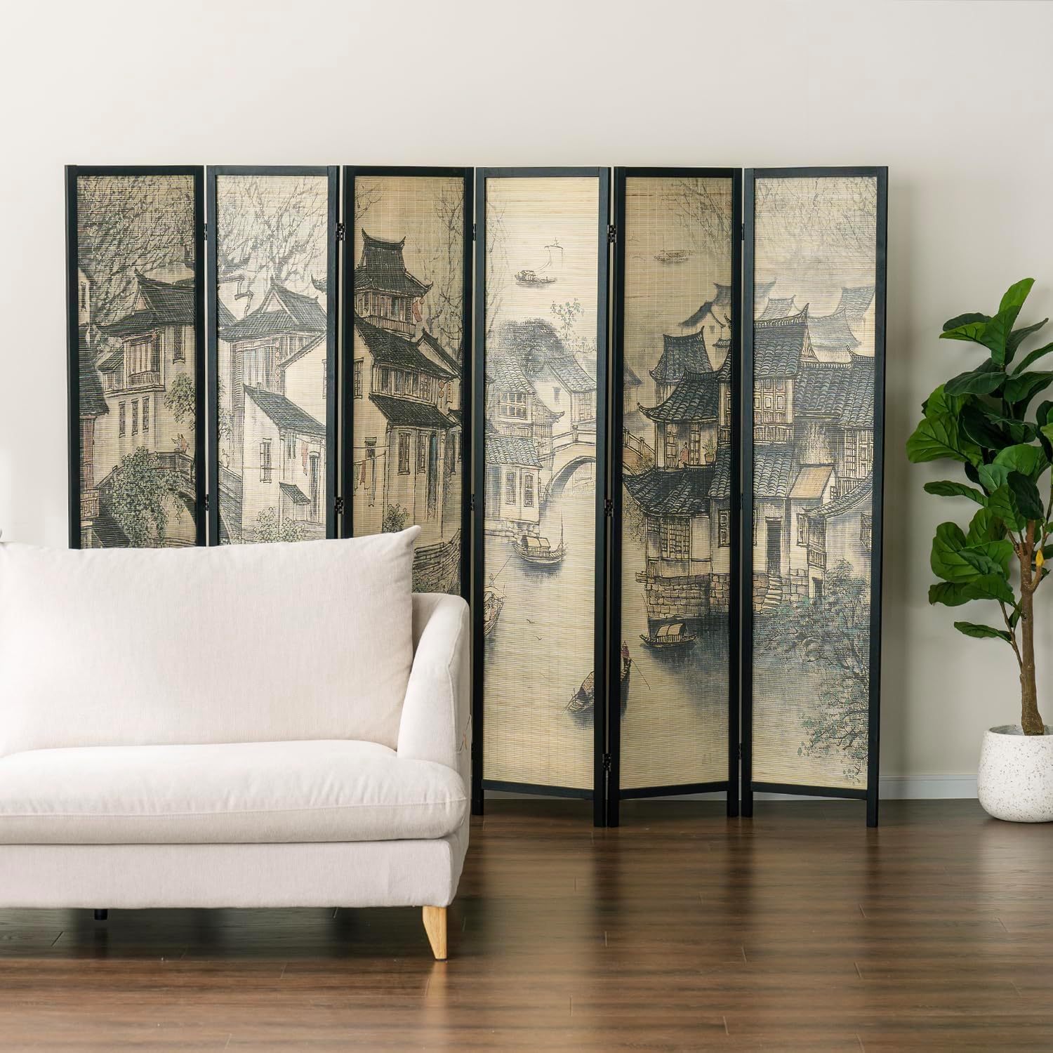 MyGift 6 Panel Room Divider Privacy Partition with Dual-Sided Vintage Asian Water Village Ink Brushed Print Design, 6FT Black Wood Framed Decorative Artwork Folding Screen 94.6''W x 68.9''H
