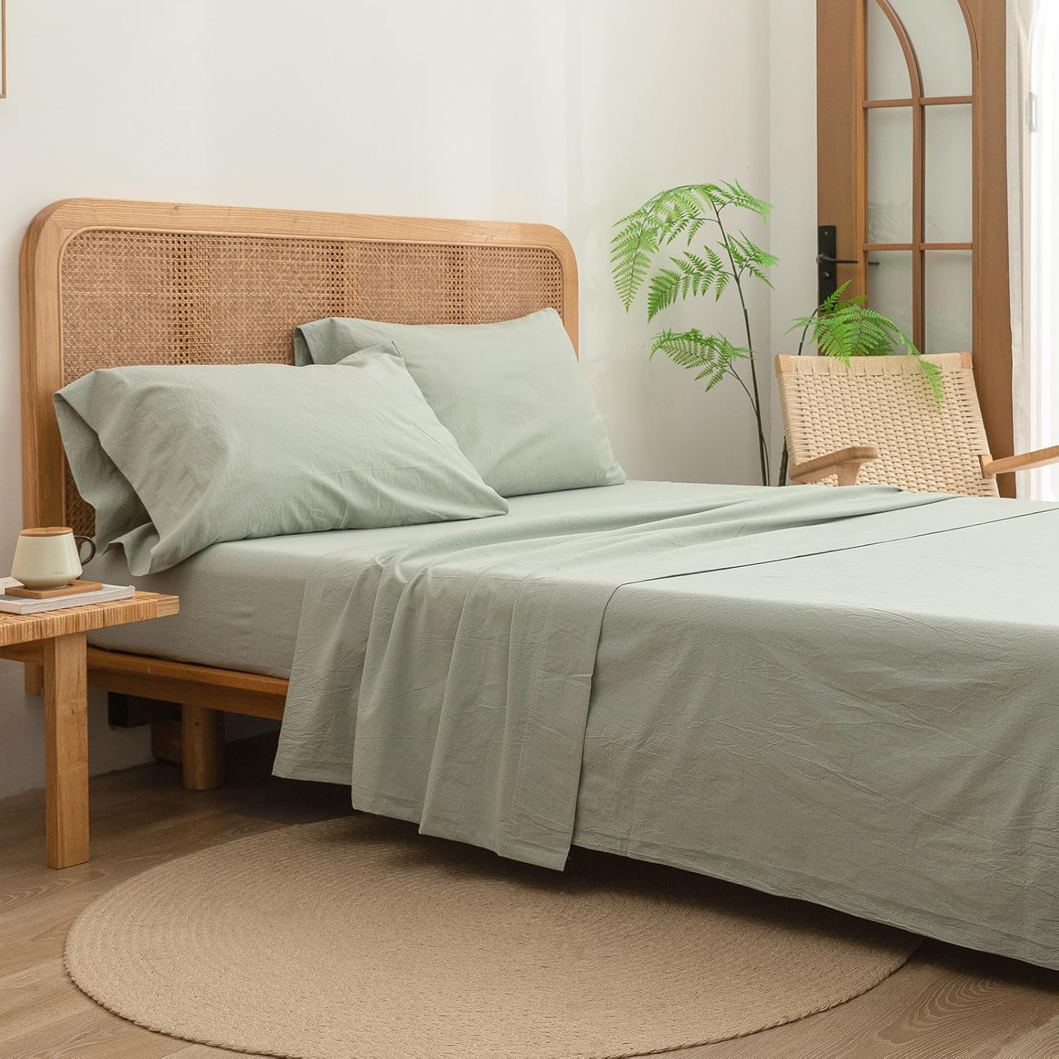 BESTOUCH Sheet Set 100% Washed Cotton Linen Feel Super Soft Comfortable Chic Lightweight 4 Pcs Home Bedding Set Solid Sage Green Full