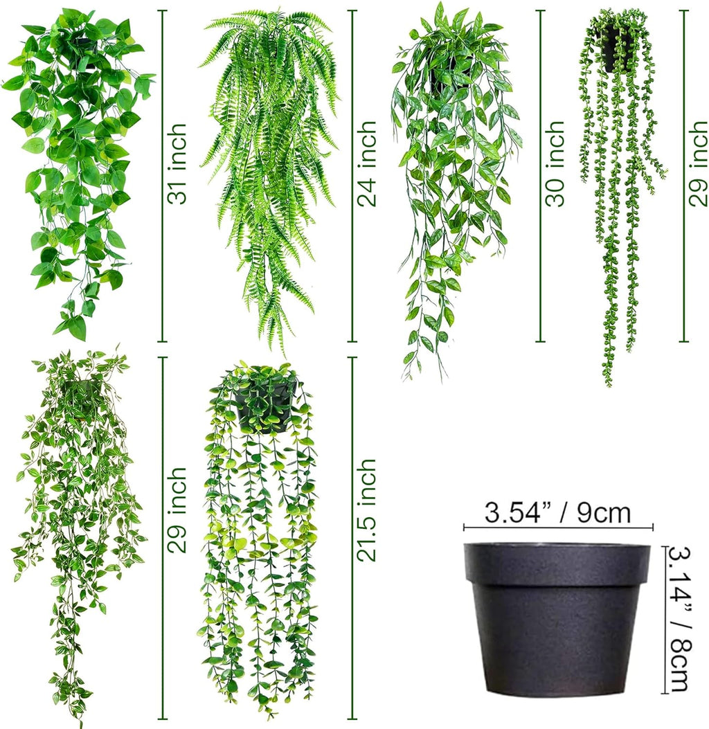 Sggvecsy Fake Hanging Plants 6 Pack Artificial Hanging Eucalyptus Plants Potted Greenery Faux Mandala Vine String of Pearls Boston Fern Ivy Vine Leaves Pea Pod for Home Indoor Outdoor Shelf Wall Decor