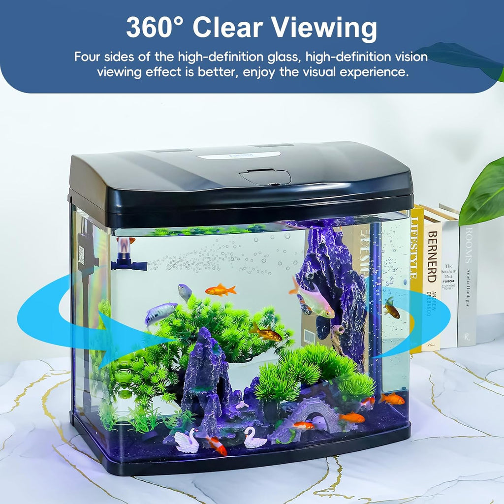 13 Gallon Glass Aquarium Starter Kit with Flip-Top Feeding Port for Betta Fish: Crystal Clear Viewing, Eco-Cycle Filtration, Air Pump, and LED Lighting