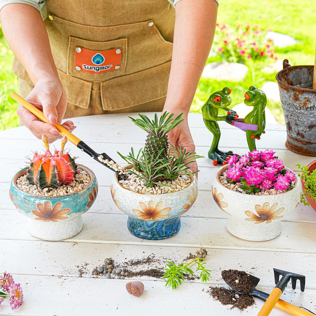 Sungmor Small Succulent Planters Set of 3, Beautiful Hand Crafted Ceramic Plant Pots Cute Cactus Pot, 4.9 Inch Flower Pots for Indoor Plants with Drainage, Desktop Windowsill Home Office Decor Pots