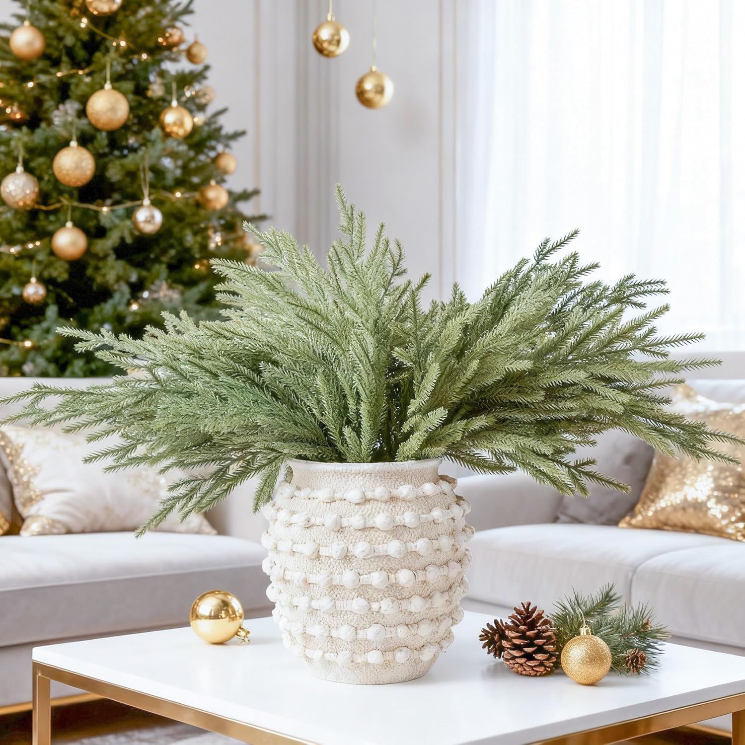 DN DECONATION Artificial Christmas Norfolk Pine Stems, Faux Pine Branches 22.4" 6PCS - Real Touch PE Greenery Fake Pine Needles for Vase Arrangements, Winter, Holiday Indoor Outdoor Home Decor