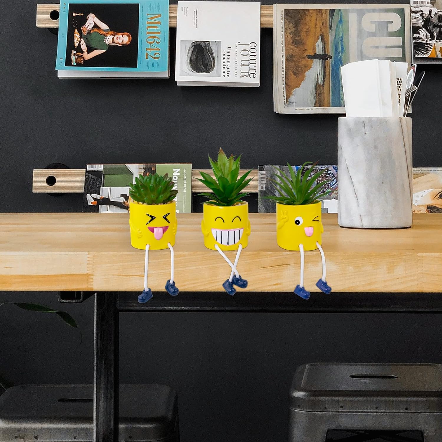 3Pcs Cute Fake Plants Small Potted Succulents with Yellow Pot, Creative Artificial Succulent Plants in Hanging Leg Fun Pot, Mini Vibrant Faux Plant for Home Office Desk Decor and Gift Choice