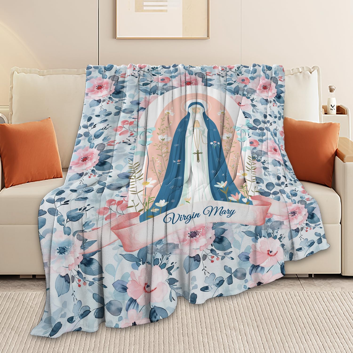 Virgin Mary Throw Blanket Christian Religious Scripture Catholic Spiritual Stuff Gifts for Adults Women Soft Cozy Warm Plush Fluffy Fuzzy Fleece Blanket Decor 40''X50''