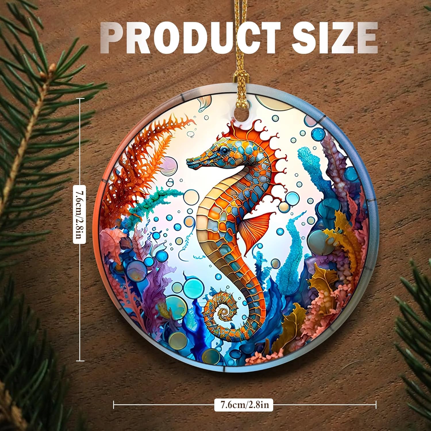 Touber Christmas Ornament, Christmas Decoration, Holiday Present Idea, Heirloom Keepsake, Round Ceramic, Gift Exchange, Gift Idea, Sea Horse