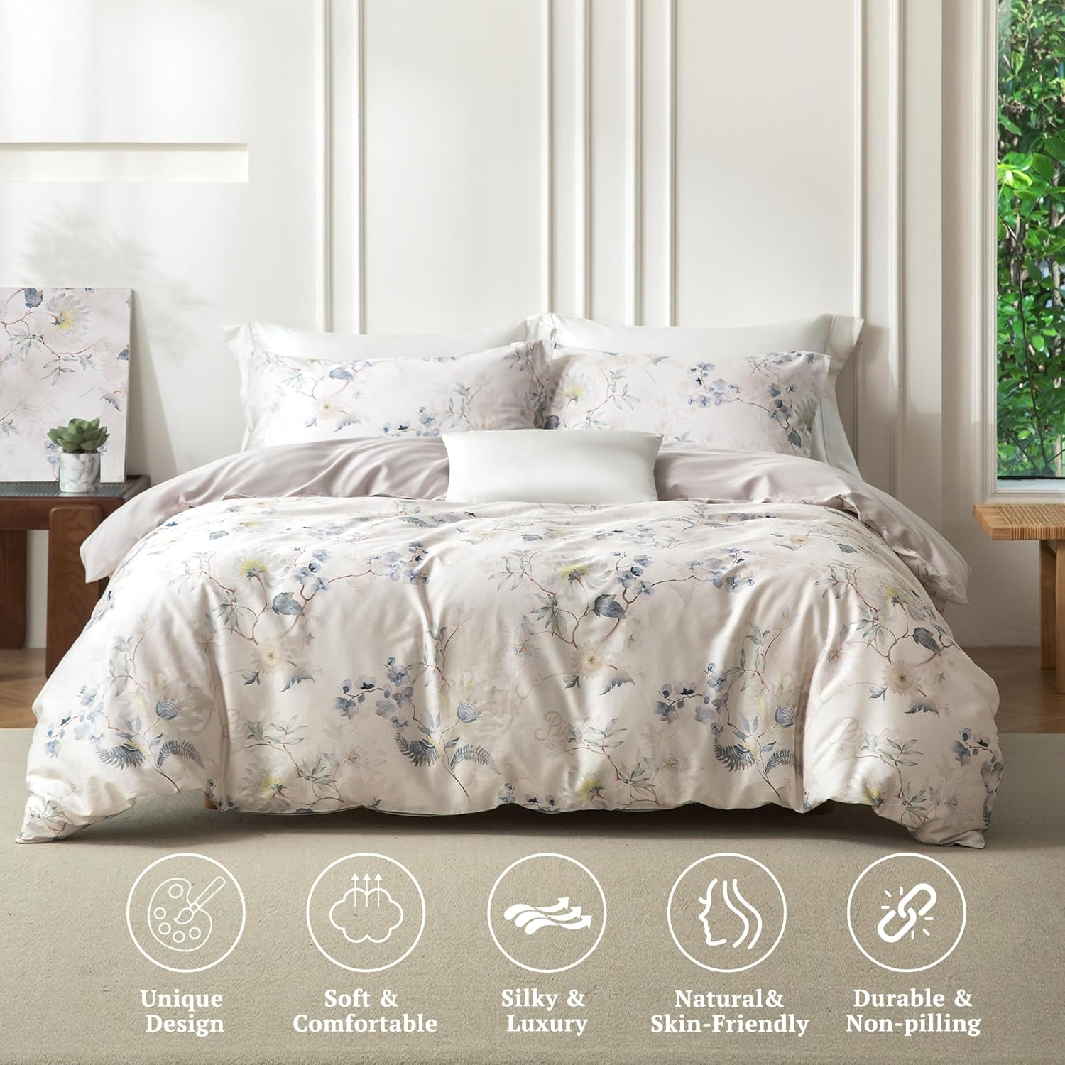 MILDLY Cal King Size Duvet Cover Set 100% Long-Staple Cotton Luxury Elegant Floral Patten Reversible Comforter Cover Set 3Pcs