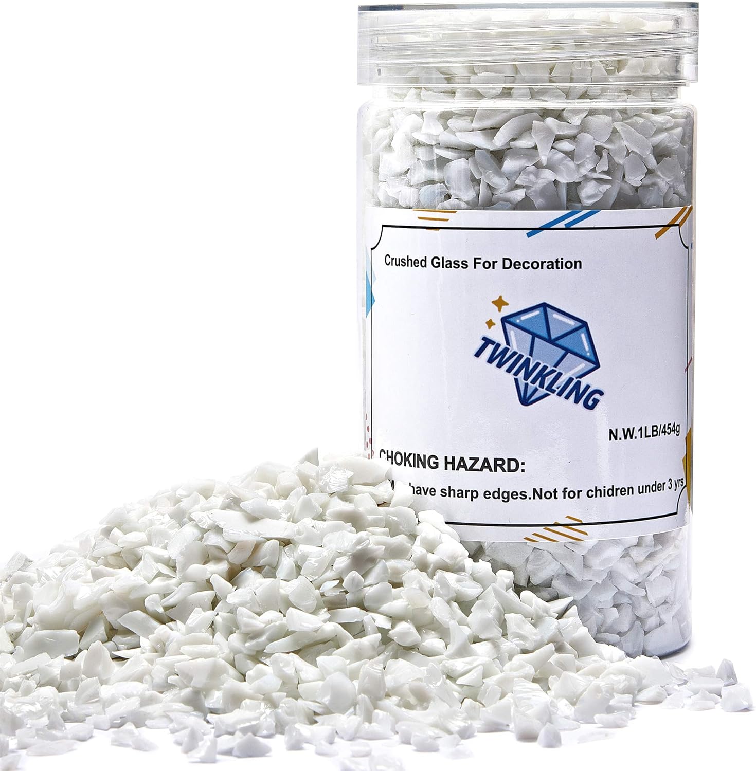 TWINKLING High Luster Fire Glass Gravel Stone Glitter,Broken Glass,Fire Gems Chips,Crushed Glass for Fire Pit Crafts Resin Art Aquarium Garden Decoration,3-6mm,1-Pound Jar (White Porcelain)