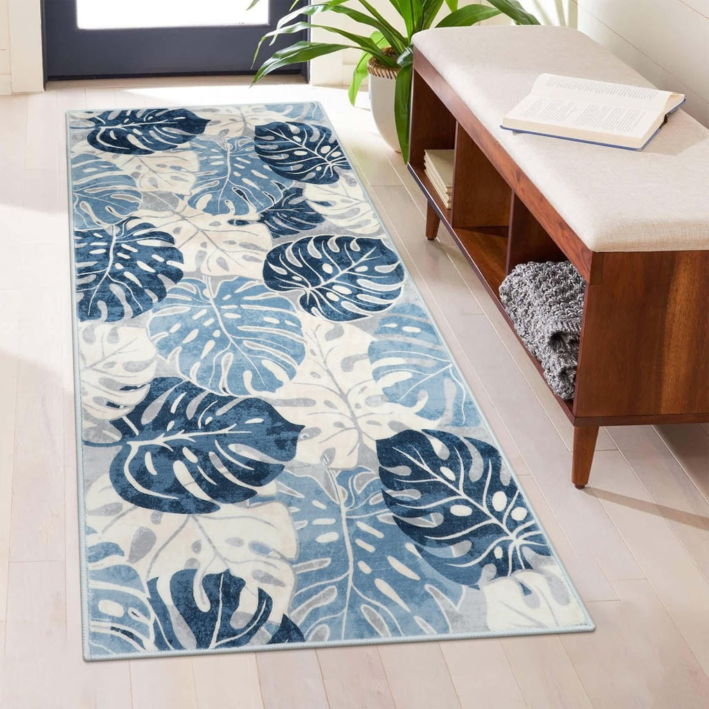Wonnitar Tropical Washable Runner Rug 2x4.3, Non-Slip Monstera Leaf Blue Kitchen Rug Runner, Soft Low Pile Laundry Room Carpet Non-Shedding Floor Mat for Bedroom Bathroom Bedside