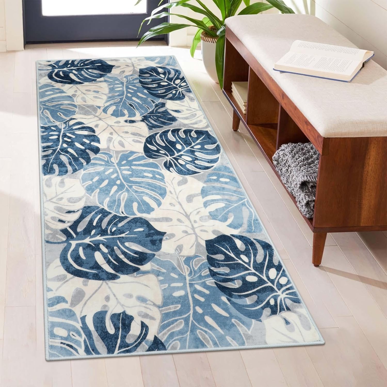 Wonnitar Tropical Washable Runner Rug 2x4.3, Non-Slip Monstera Leaf Blue Kitchen Rug Runner, Soft Low Pile Laundry Room Carpet Non-Shedding Floor Mat for Bedroom Bathroom Bedside