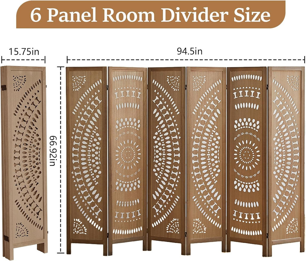 Room Dividers and Folding Privacy Screens, Boho 6 Panel Room Divider, 67" Room Divider Wall, Modern Room Partition, Privacy Dividers for Rooms, Bedroom, Office, Brown