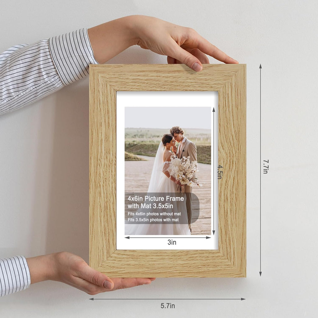 4x6 Picture Frame Set of 4, Made of Real Glass and Natural Oak Wooden Frame, 4 by 6 Photo for Wall or Tabletop - Display Picture 3.5x5 with Mat or 4x6 Without Mat