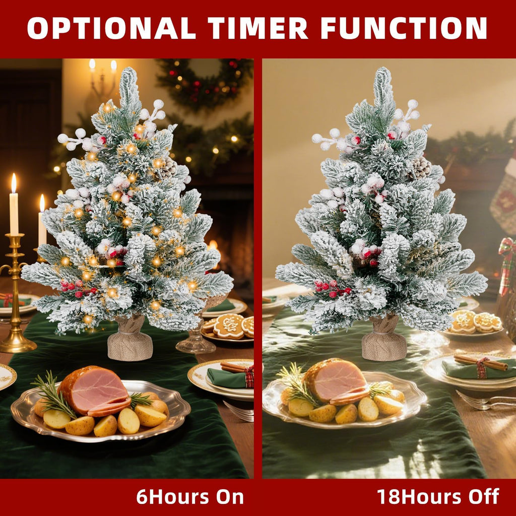 ININ 2FT Pre-lit Mini Christmas Snow Flocked Tree,Tabletop Artificial Christmas Tree with LED Lights, Small Xmas Pine Tree with Cloth Bag Base for Christmas Decor,12 Clusters Berry & 8 Pinecones