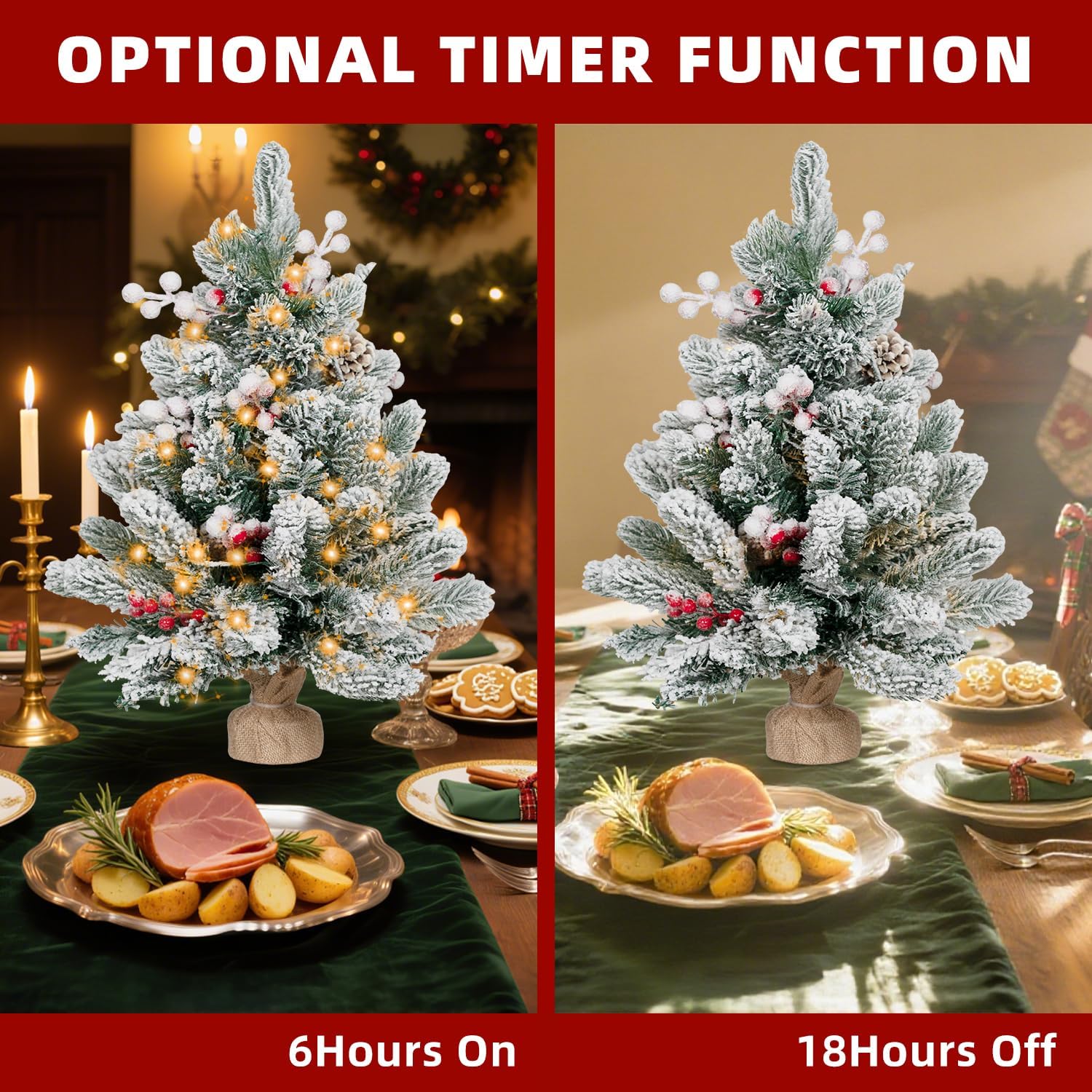 ININ 2FT Pre-lit Mini Christmas Snow Flocked Tree,Tabletop Artificial Christmas Tree with LED Lights, Small Xmas Pine Tree with Cloth Bag Base for Christmas Decor,12 Clusters Berry & 8 Pinecones