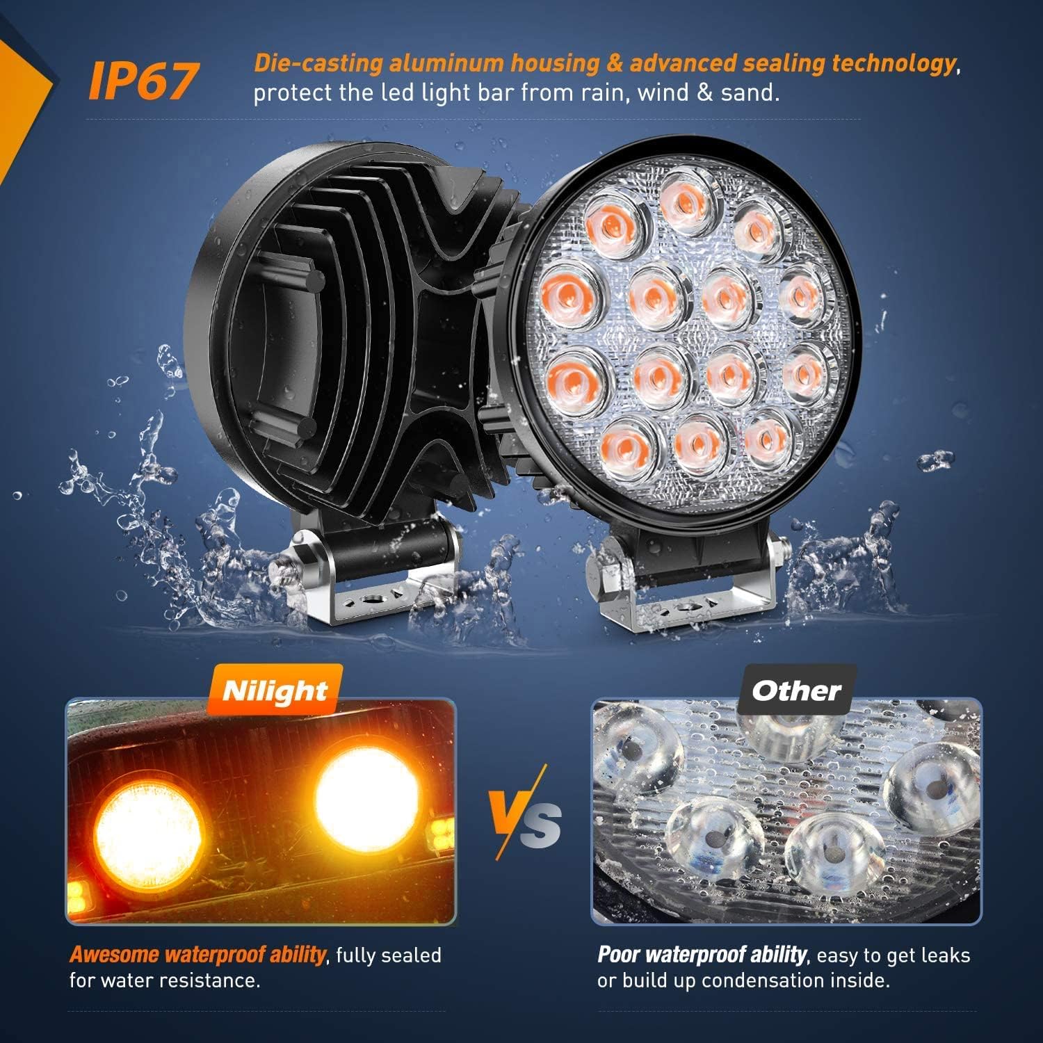 Nilight 4.5Inch 42W 4200LM Amber LED Light Pods Round Flood Lights for Off Road, Roof & Fog - 16AWG Wiring Harness Kit-2 Leads