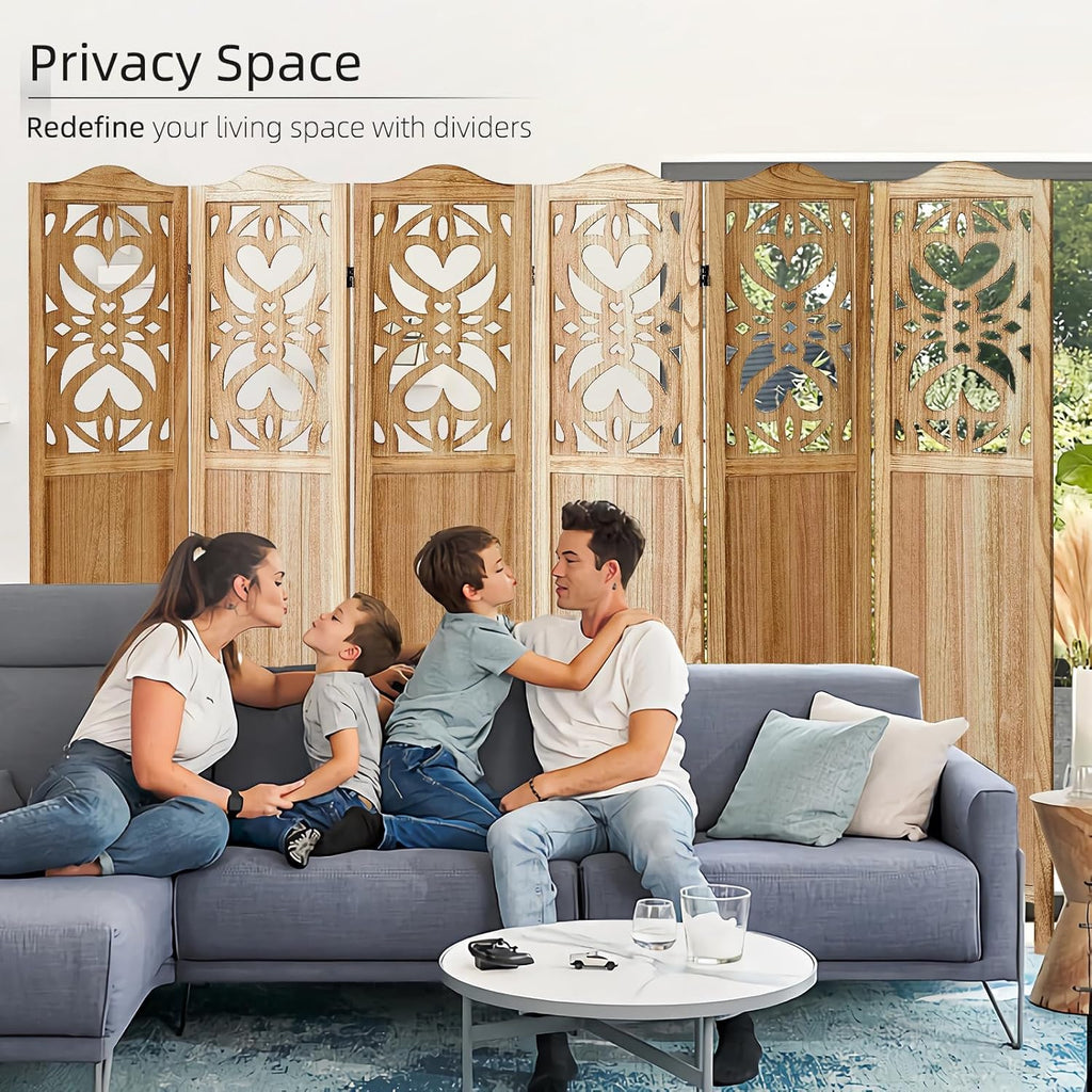 6 Panel Room Divider, 5.6Ft Carved Room Divider Wall and Folding Partition Divider Wal, Folding Privacy Screen, Portable Partition Screen for Bedroom Home Office - Natural