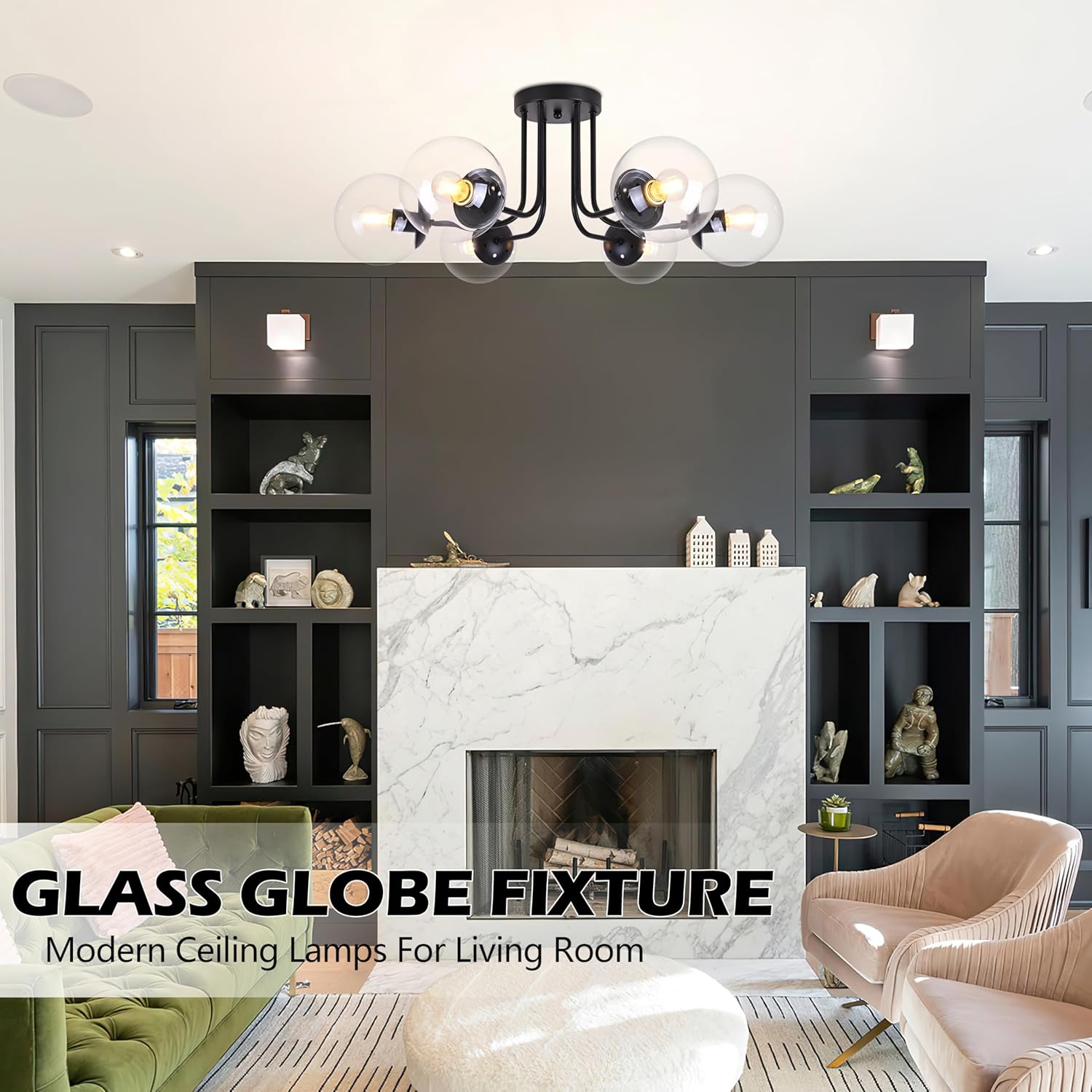 KoKo&Yukina 6-Light Modern Semi Flush Mount Ceiling Light Fixture Mid Century Ceiling Light Globe Ceiling Light with Clear Glass Shade Matte Black Finish for Bedroom Hallway Dining Room Living Room