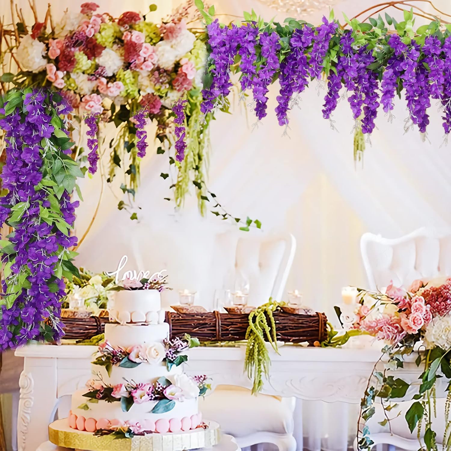 Wisteria Artificial Flowers Garland, 4Pcs 7.2Ft/Piece Silk Fake Wisteria Vine Kit, Hanging Flower for House Outdoor Garden Ceremony Outside Wedding Arch Floral Decor (4, Purple)