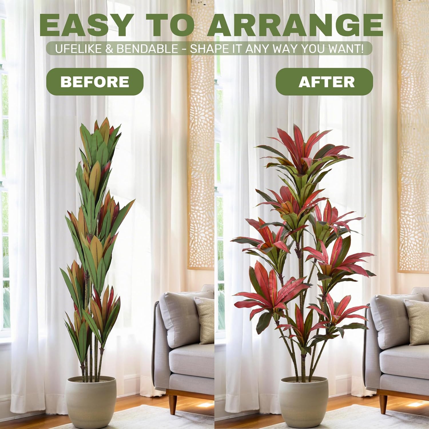 Artificial Dracaena Tree 6ft(72in) Tall Large Faux Fall Plants with Realistic Trunks and Red Leaves, Fake Floor Potted Artificial Plants for Home Office Indoor Decor (6feet,1Pack)