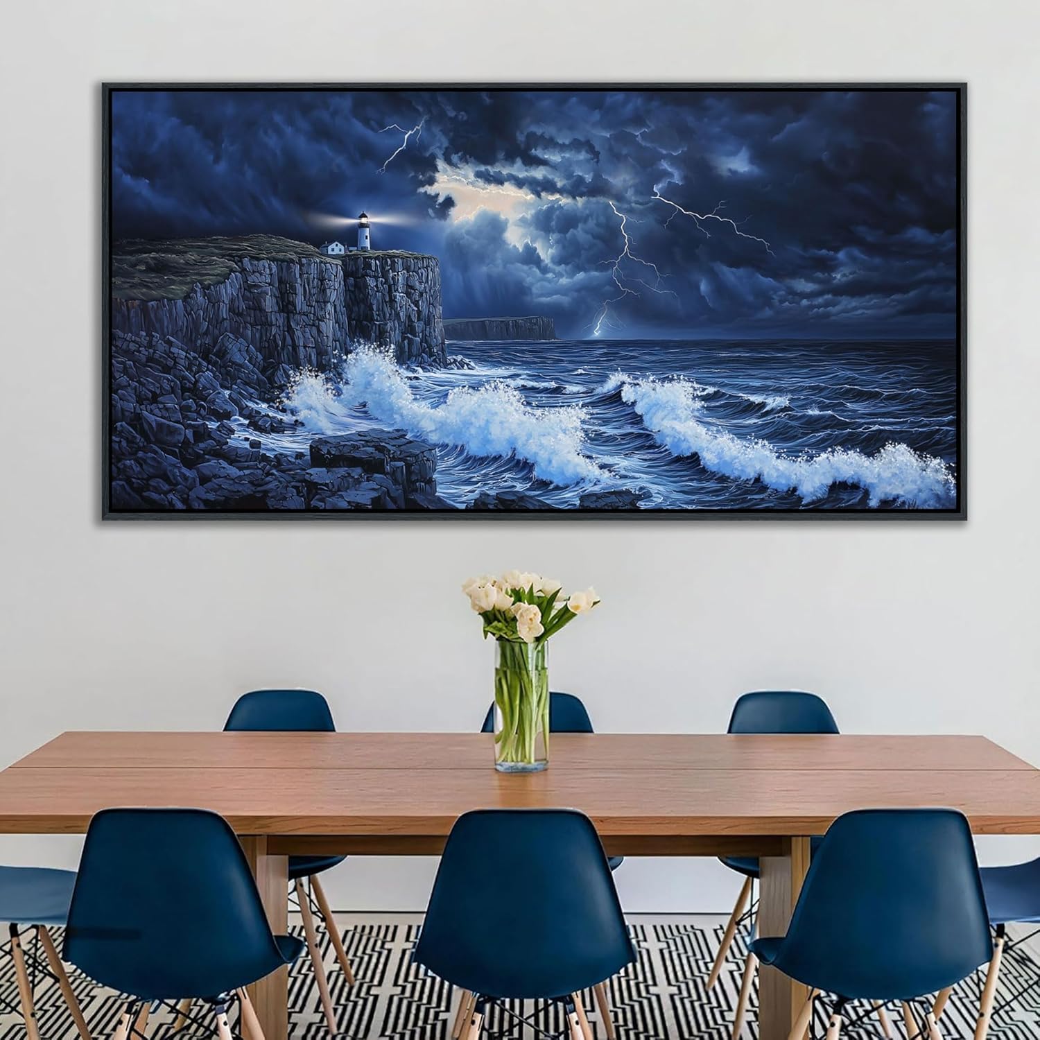 YDYSUNE Large Wall Decor- Ocean Canvas Painting Navy Blue Picture Framed Lighthouse Coastal Wall Art,Huge Waves Seascape Decoration Artwork for Living Room,Bedroom,office Size 29x58 Inches