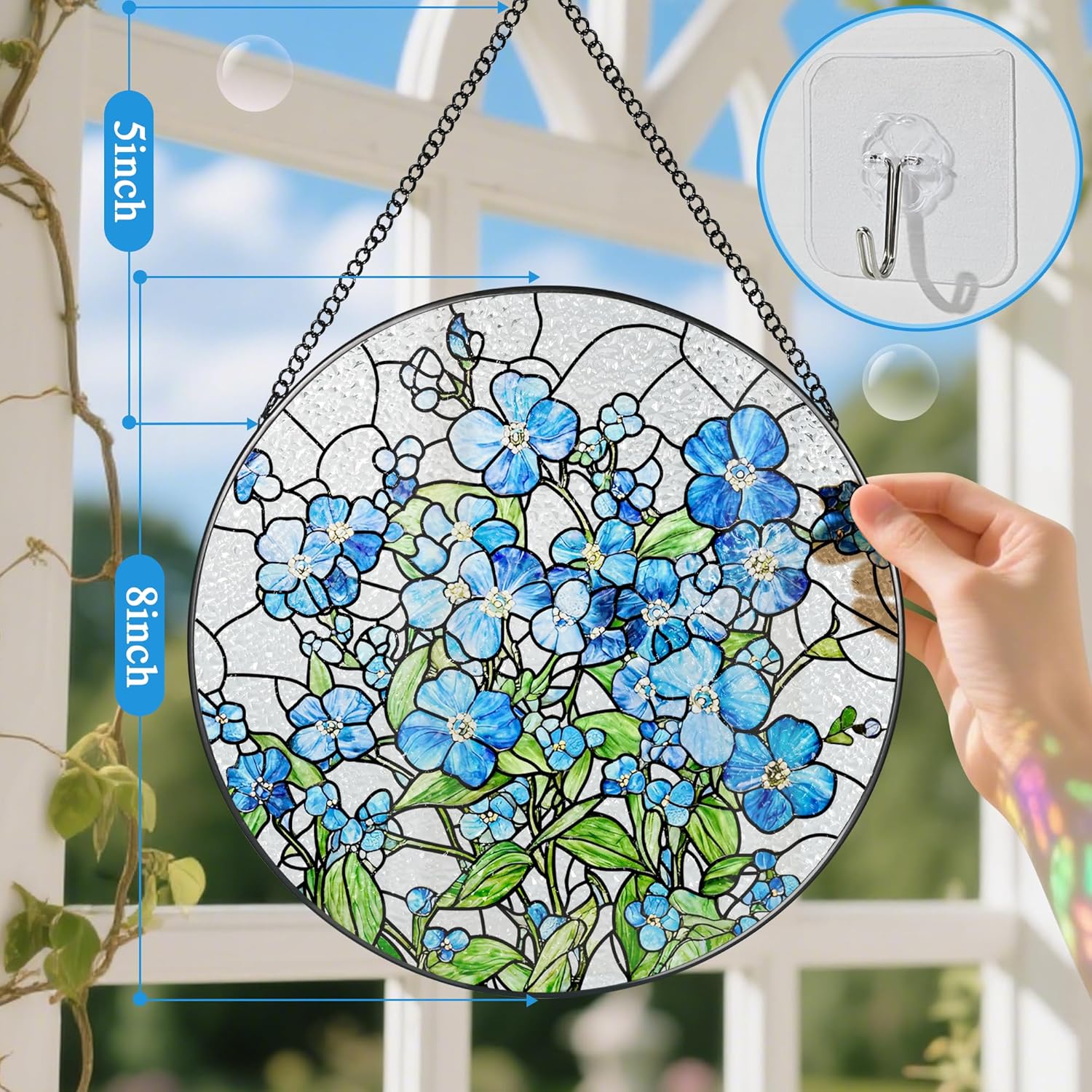 Stained Glass Window Hanging, 8 Inch Forget Me Not Stained Glass Suncatcher, Window Hanging Decor, Flower Sun Catchers, Gifts for Flower Lover, Birthday Gifts for Lover, Friend, Family, Teacher