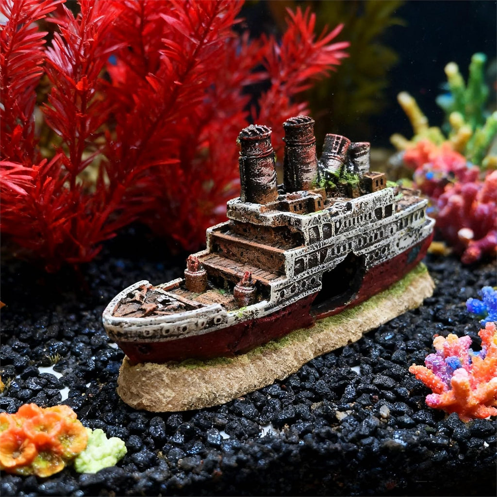 Aquarium Titanic Sunken Ship Decor, Resin Pirate Shipwreck Ornament, Fun Underwater Hideout for Fish & Tank Landscaping (Full Version)