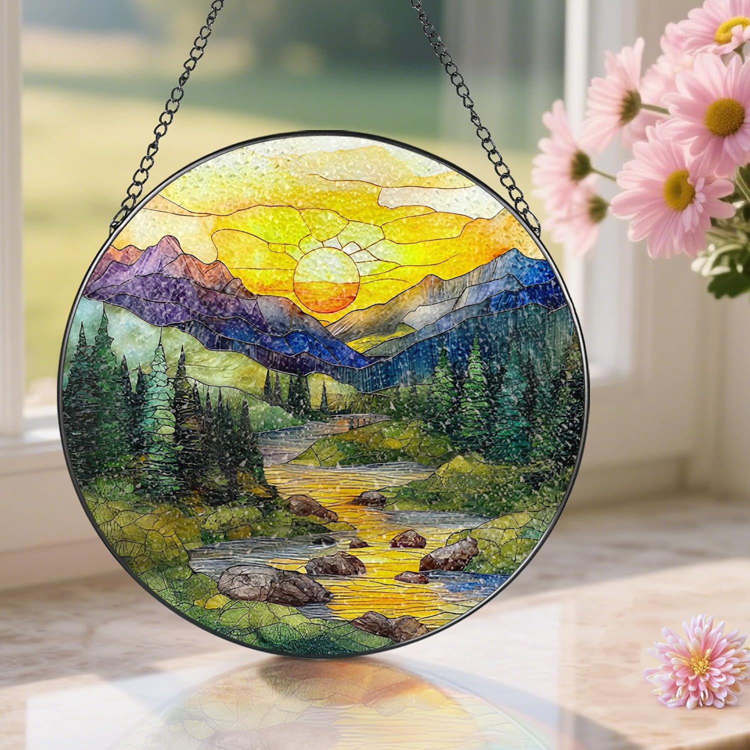 8-Inch Stained Glass Ornament, Nature Suncatchers for Window Hanging, Window Hanging Decor Suncatcher, Mountain Range Ornament | Holiday, Mother’s Day, Christmas, Housewarming | Gifts for Mom &Friend
