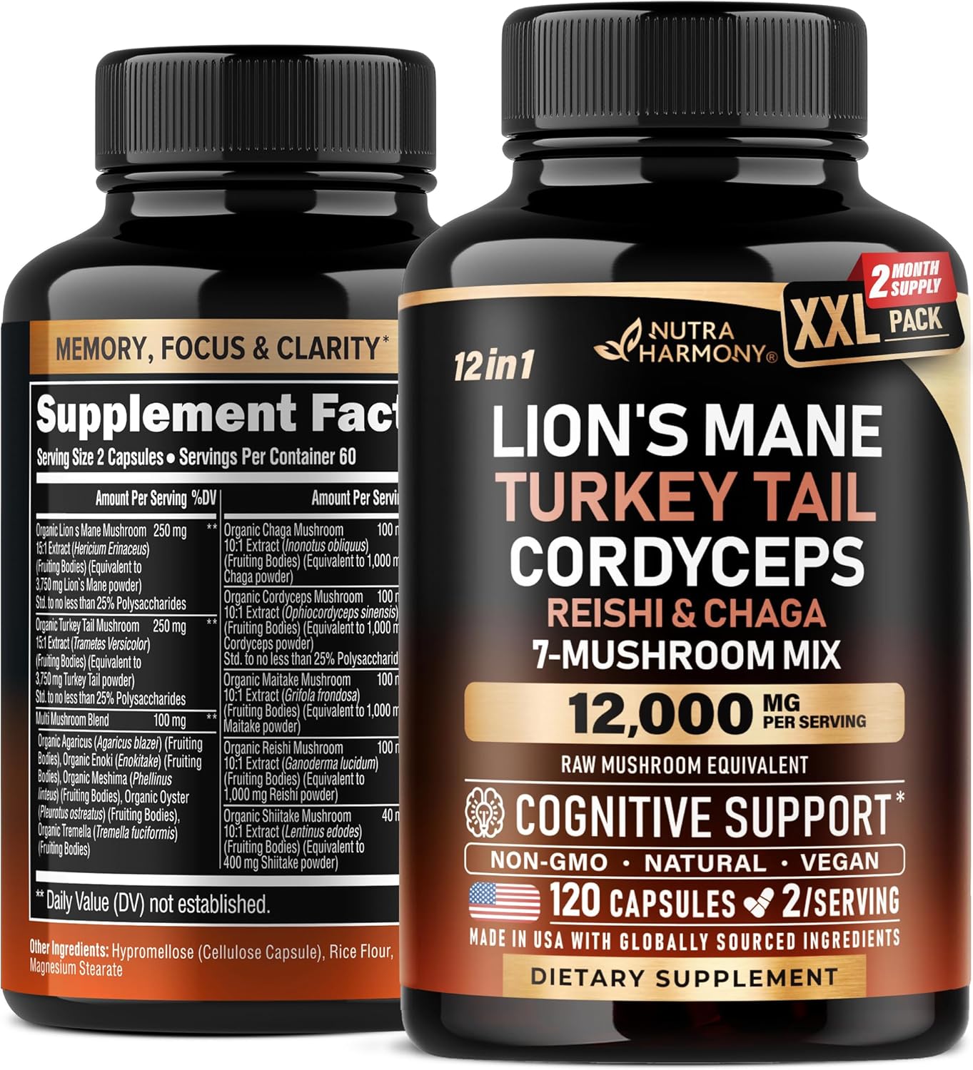 Mushroom Supplement - Organic Lions Mane | Turkey Tail | Chaga | Cordyceps | Reishi | Maitake | Shiitake | Meshima | Tremella | Oyster | Agaricus - Made in USA - Non GMO, Gluten Free - 120 Capsules