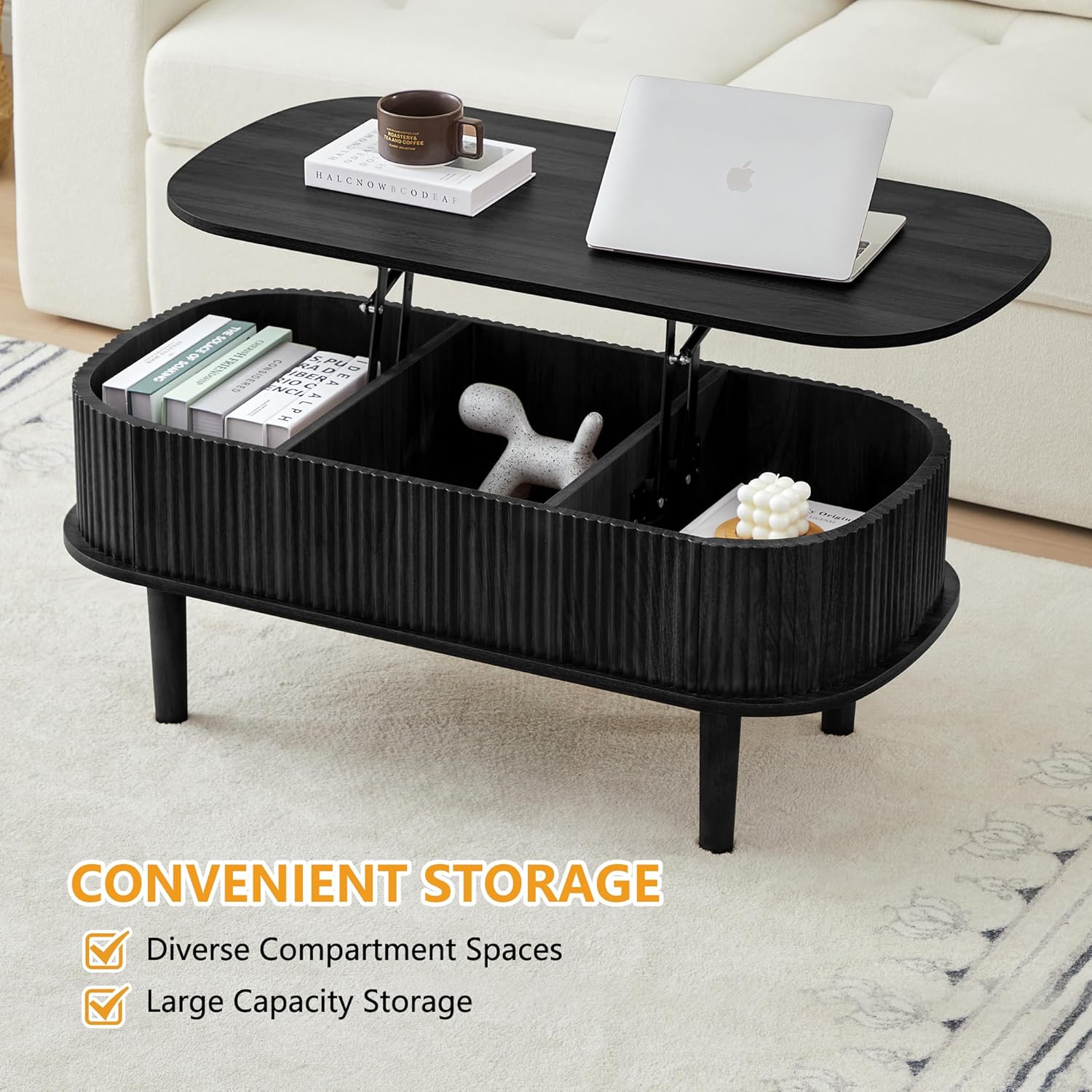 Fluted Lift Top Coffee Table with Hidden Compartment, Fully Assembled Wooden Center Table, Modern Oval Lift Tabletop for Home Living Room Office, Black