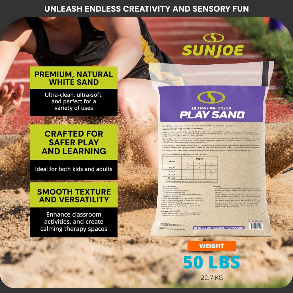 Sun Joe Silica Play Sand for Sandbox, Sensory Table & Garden Spaces, Ultra Fine, 50 Lbs - Natural Craft Accessory for Molding, Digging & Sculpting - Ideal for Indoor and Outdoor Use