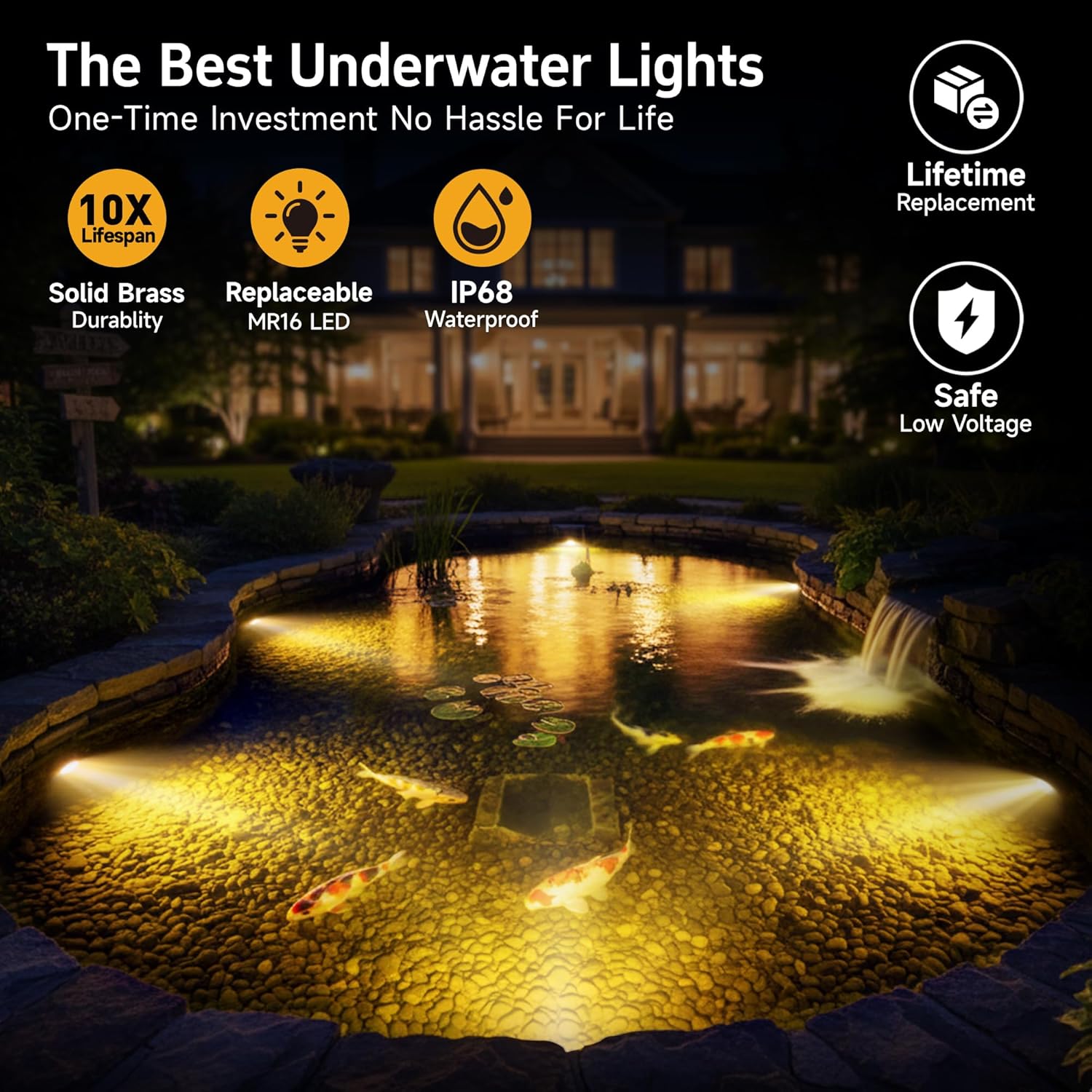 Gardenreet Submersible Pond Light - 12V IP68 Waterproof Underwater Light, Solid Brass Housing with 2700K Warm White MR16 Bulb, for Pool Fountain Landscape Outdoor Water Features(1 Pack)