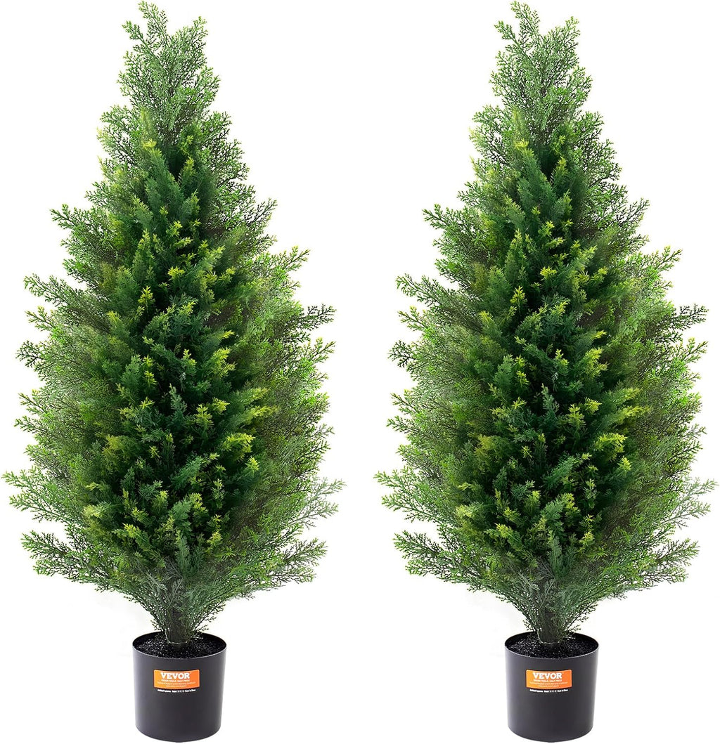 VEVOR Artificial Topiary Cedar Tree, 36 inch Tall (2 Pieces), with Extra Leaves & Pot Faux Evergreen Fake Pine Cypress Trees Plant, UV Rated Artificial Greenery Set for Home Decor Indoor/Outdoor