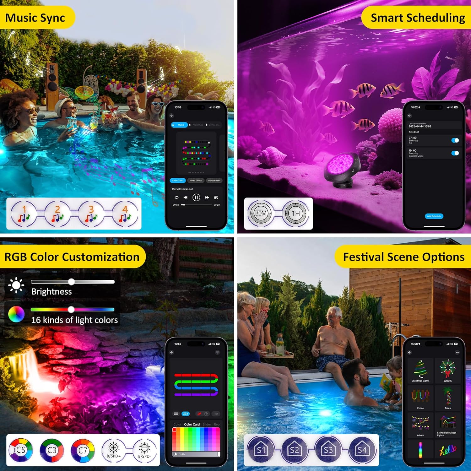 T-SUN Submersible RGB LED Pond Lights – IP68 Waterproof Fountain Lights with Bluetooth App & Remote, 16 Million Colors Underwater Lighting for Koi Ponds/Garden Water Features Aquarium (10-Pack)