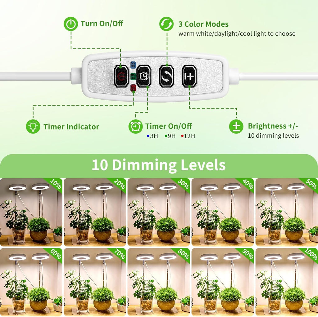 Brightown Plant Grow Light, LED Growing Light for Indoor Plants, 2 Pack 2-Head Adjustable Height Growing Lamp with Timer, 3 Dimmable Brightness Levels, Low Safe Voltage, Perfect for Small Plants
