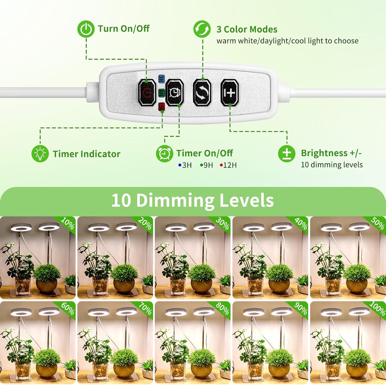 Brightown Plant Grow Light, LED Growing Light for Indoor Plants, 2 Pack 2-Head Adjustable Height Growing Lamp with Timer, 3 Dimmable Brightness Levels, Low Safe Voltage, Perfect for Small Plants