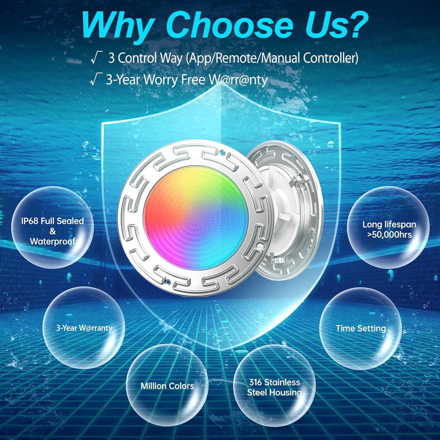 60FT 6Inch Pool/Spa Lights for Inground Pool, 20W LED Inground Pool Light with APP, Remote and Controller Control, Color Changing Underwater Swimming Pool Lights for Wet Niche