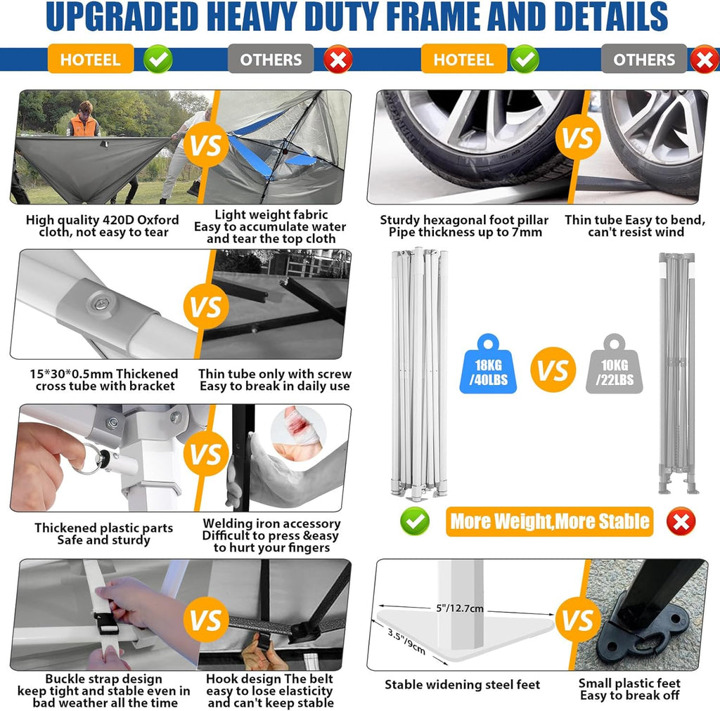 HOTEEL 10x10 Pop up Canopy Tent for Parties, Heavy Duty Easy Setup Tent with 4 Sidewalls, Outdoor Commercial Instant Gazebo for Wedding Event, with Portable Bag, Grey(Hexagonal Frame)
