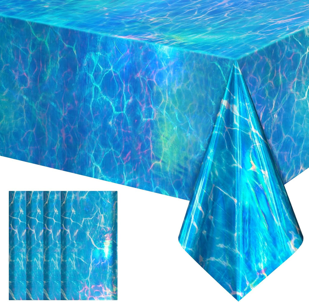 4 Pack Ocean Waves Holography Tablecloth, 54 x 108” Blue Sea Design, Waterproof Disposable Plastic Table Cover for Beach, Pool, Under The Sea, and Birthday Party Decorations