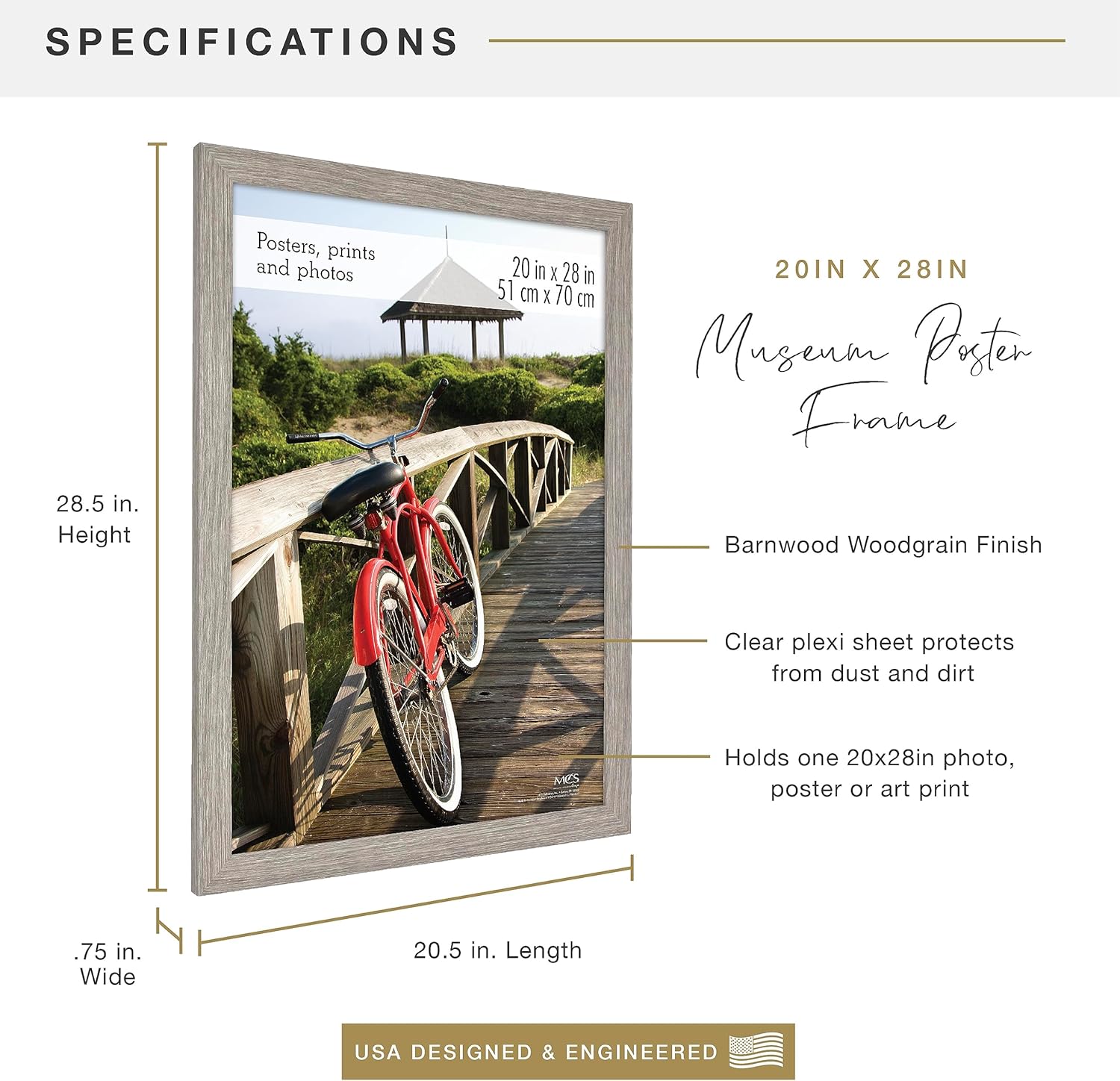 MCS Museum Poster Frame 20x28 Barnwood, Vertical & Horizontal Wall Hanging Large Picture Frame for Photos, Posters & Art Prints (1-Pack)