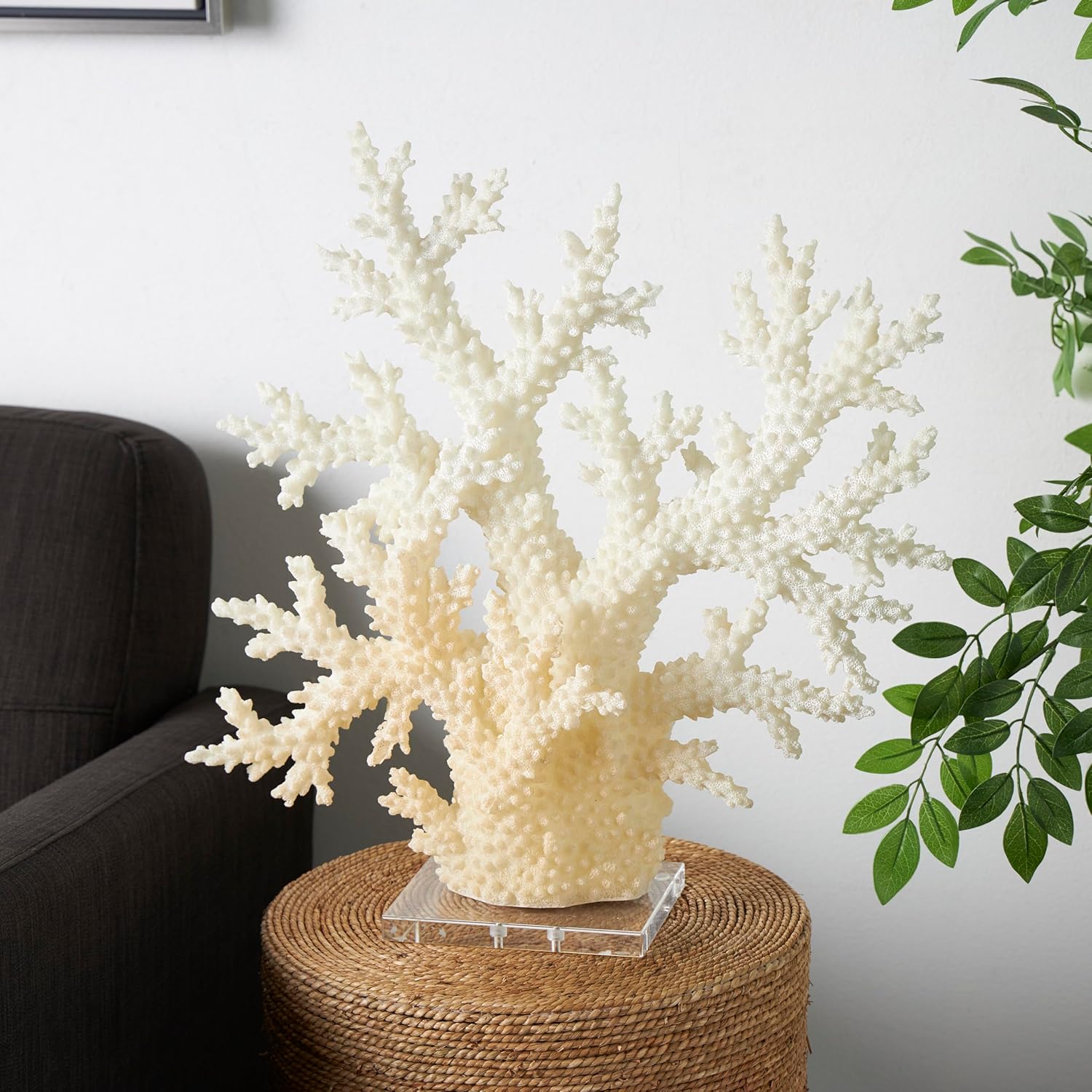 Deco 79 Polystone Coral Decorative Sculpture Home Decor Statue with Clear Acrylic Base, Accent Figurine 21" x 6" x 21", Cream