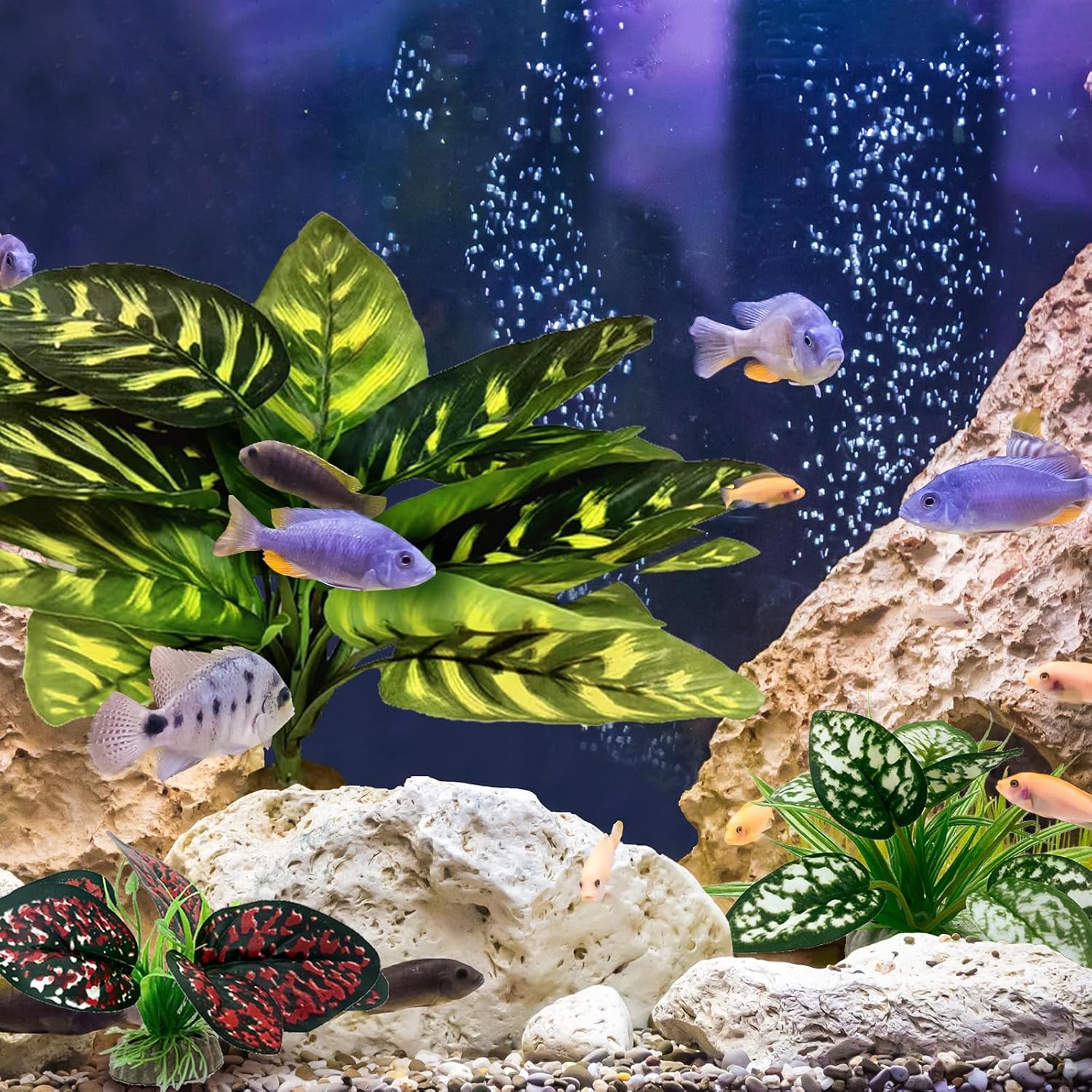 Reptile Artificial Plants, Terrarium Plants Decorations Supplies, Aquarium Fish Tank Plant, Amphibian Habitat Hideout Tank Accessories(L Set-3pcs/B)