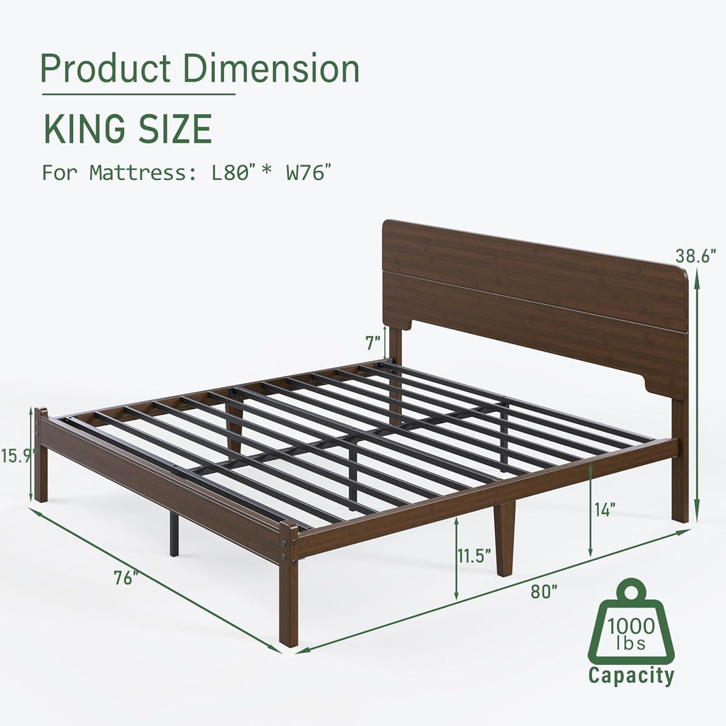 14in High Solid Bamboo Wood Platform King Size Bed Frame with Headboard, Reinforced Heavy Duty Metal Slats, Noise Free, No Box Spring Needed, Easy Assembly, Walnut