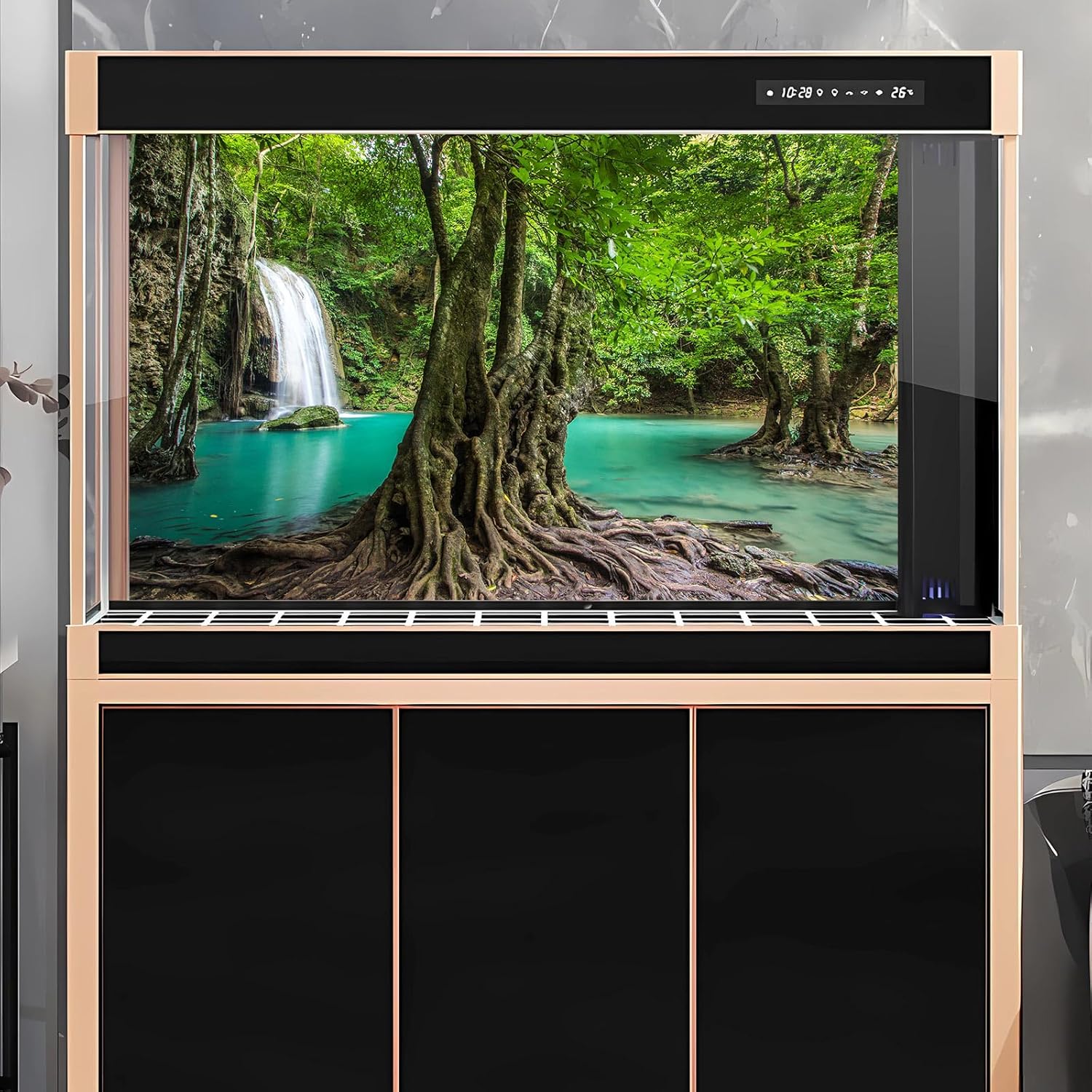 Waterfall Aquarium Background Tropical Rainforest Natural Landscape Terrarium Background Big Tree and Emerald Lake Stream Fish Tank Background Tropical Style Reptile Habitat Background 60x24in