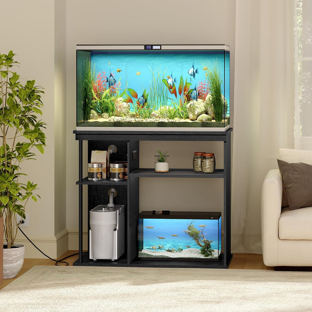 40-50 Gallon Fish Tank Stand with Power Outlet, Wooden Aquarium Stand with Filter Storage, Heavy-Duty Reptile Tank Stand with 3-Tier Storage Shelves, 36.2" L x 19.7" W x 31.7" H, Black