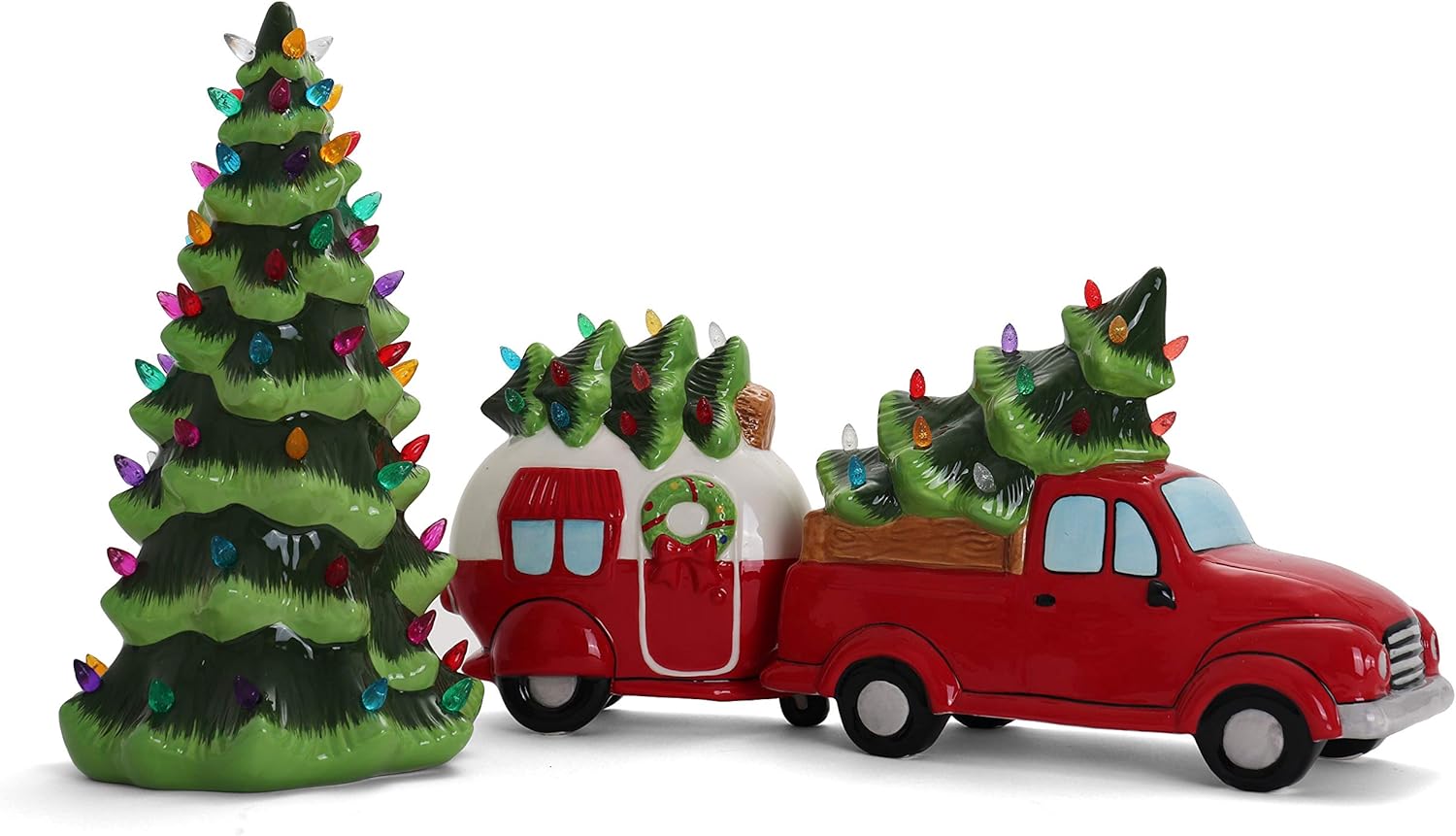 Milltown Merchants Ceramic Christmas Tree in Vintage Truck - Nostalgic Tabletop Decor - (11" Red Truck/Multicolored Lights)