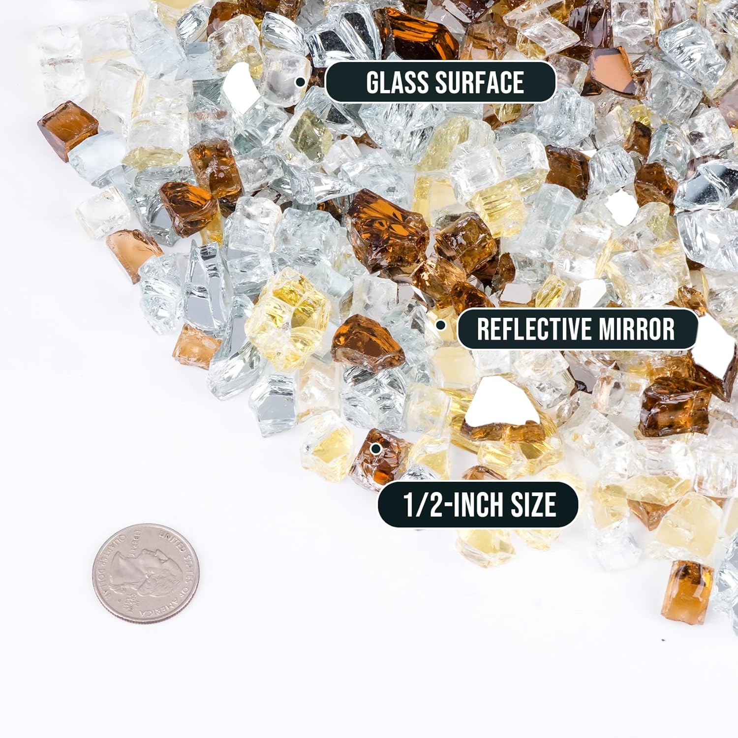Skyflame 10-Pound Blended Fire Glass for Fire Pit Fireplace Landscaping - 1/2 Inch Reflective Tempered Fireglass Gold, Platinum, Copper