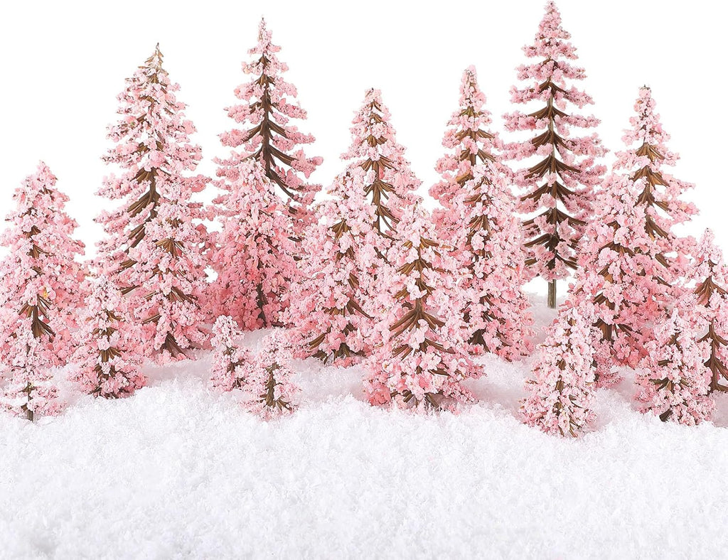 Skylety 35 Pieces Model Trees 1.2-6.3 Inch Mixed Miniature Trees Diorama Supplies Fake Plants Train Scenery Landscape Christmas Village Architecture DIY Crafts(Pink,Cedar)