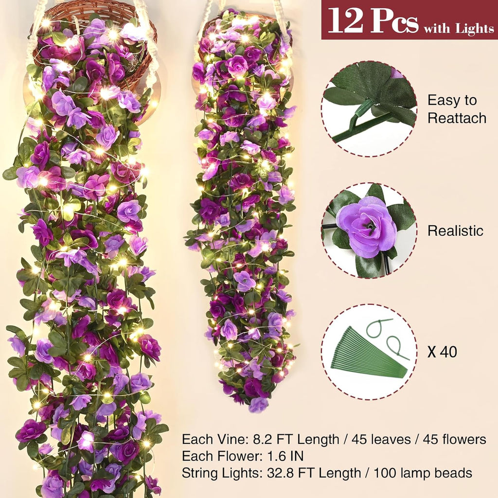 BLEUM CADE 12Pcs 98.4Ft Flower Garland Artificial Rose Vines with 98.4Ft String Lights, Cute Fake Hanging Flower Vines Floral Garland Decorations for Wedding Party Wall Room Decor Aesthetic